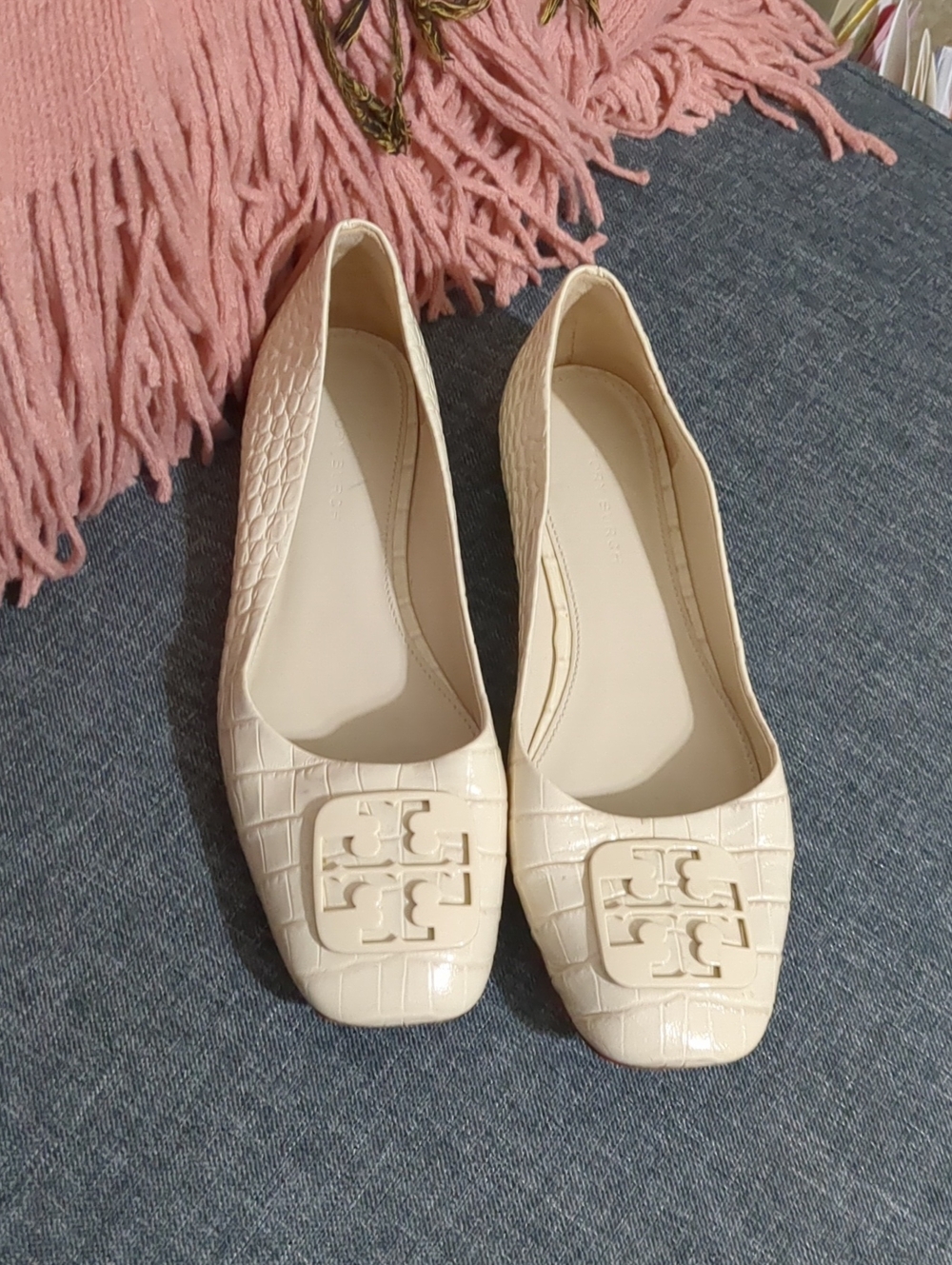 Tory Burch Cream Croc-Embossed Logo Square-Toe Flats